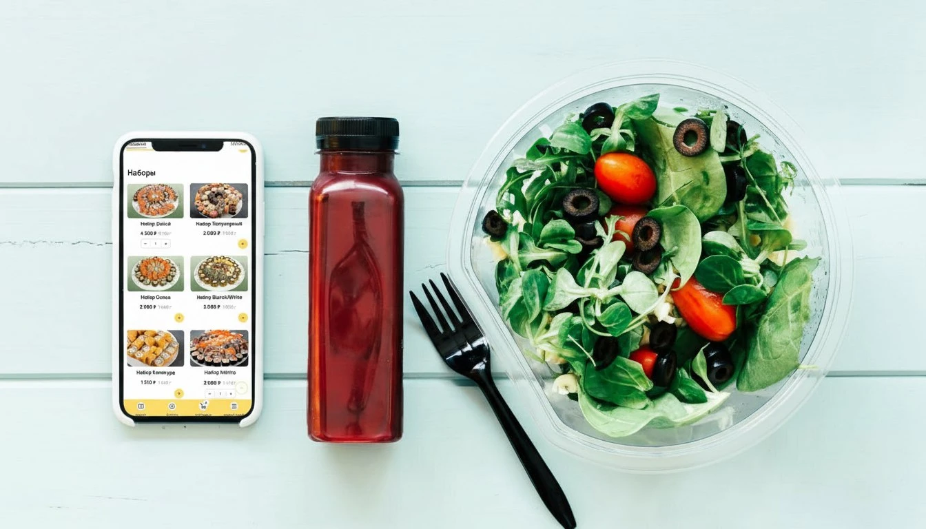 Адаптивный дизайн сайта для доставки еды с удобным интерфейсом каталога и корзины на мобильном телефоне